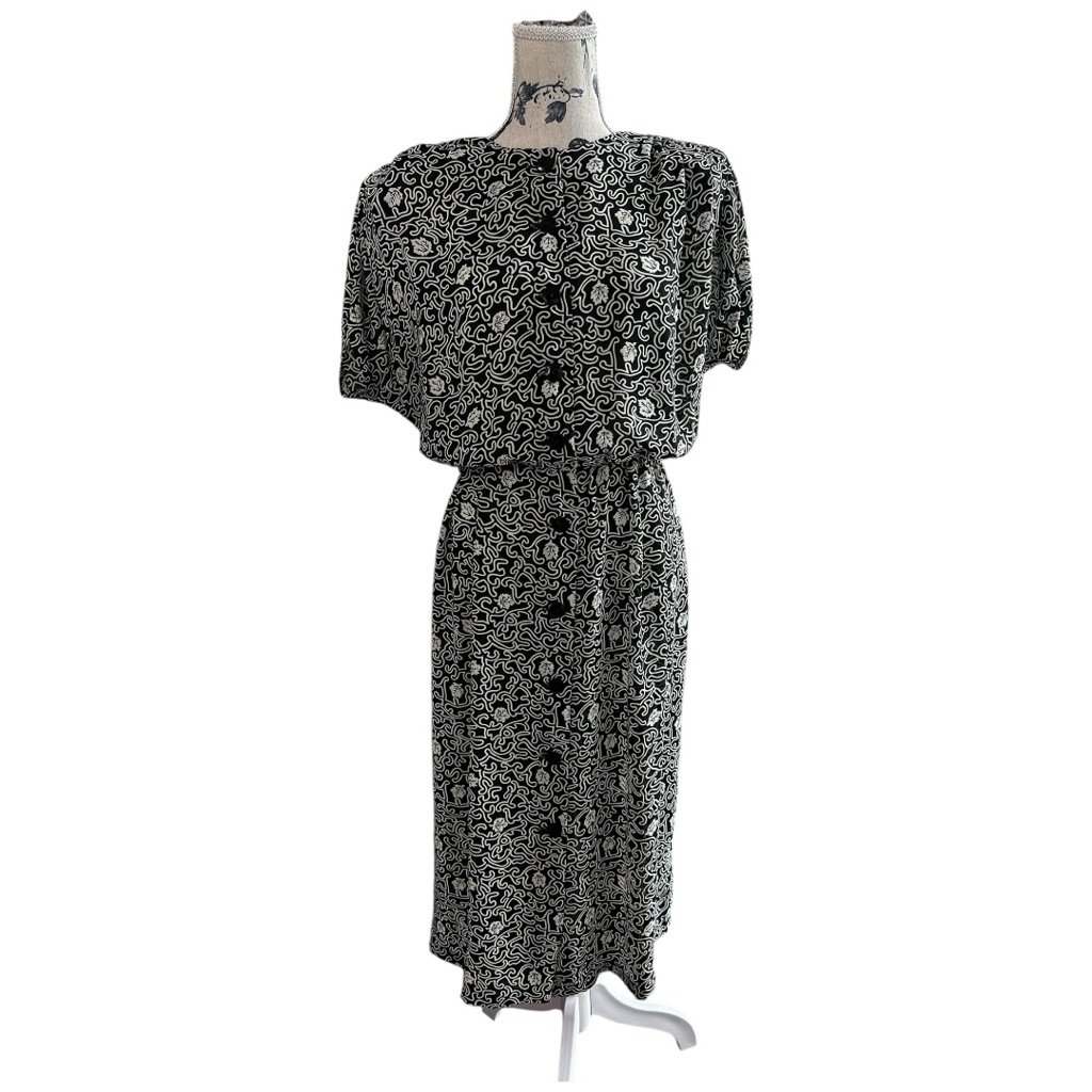 Vintage S.L. Fashions Black White Leaf Print Midi Dress | Size 14 | Made In Usa